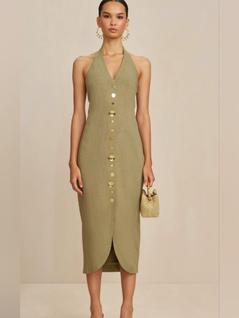 Halter Midi Dress with Gold Button Placket - Olive